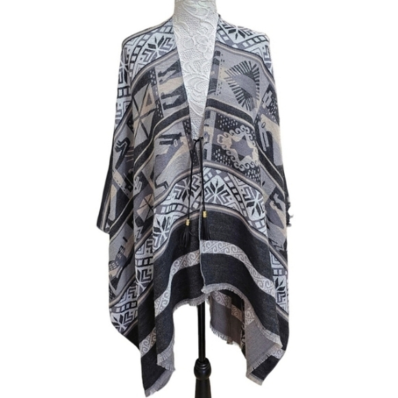 Marc New York Poncho One Size Gray Southwestern Aztec Warm Cozy Western Outdoor - Picture 2 of 15